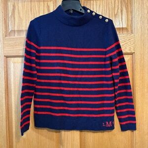 Lands End Cashmere Sweater Red Navy Stripes Golden Buttons Women’s Petite Med MP